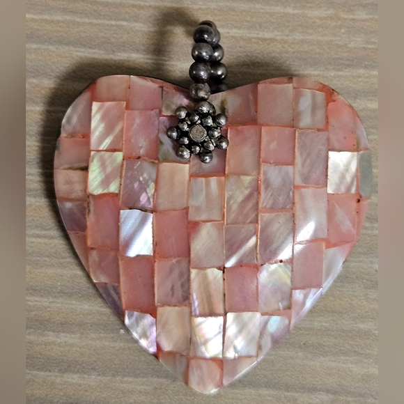 VINTAGE Sterling Silver Sally C Treasures Abalone Shell Reversible Heart Pendant - Picture 3 of 15